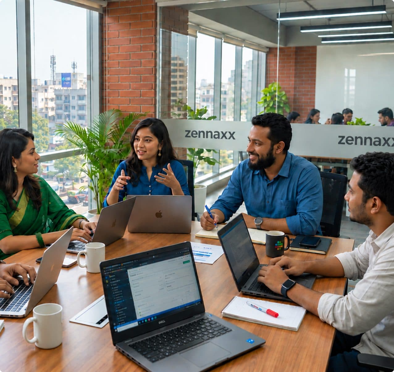 Zennaxx team discussing a project around a meeting table